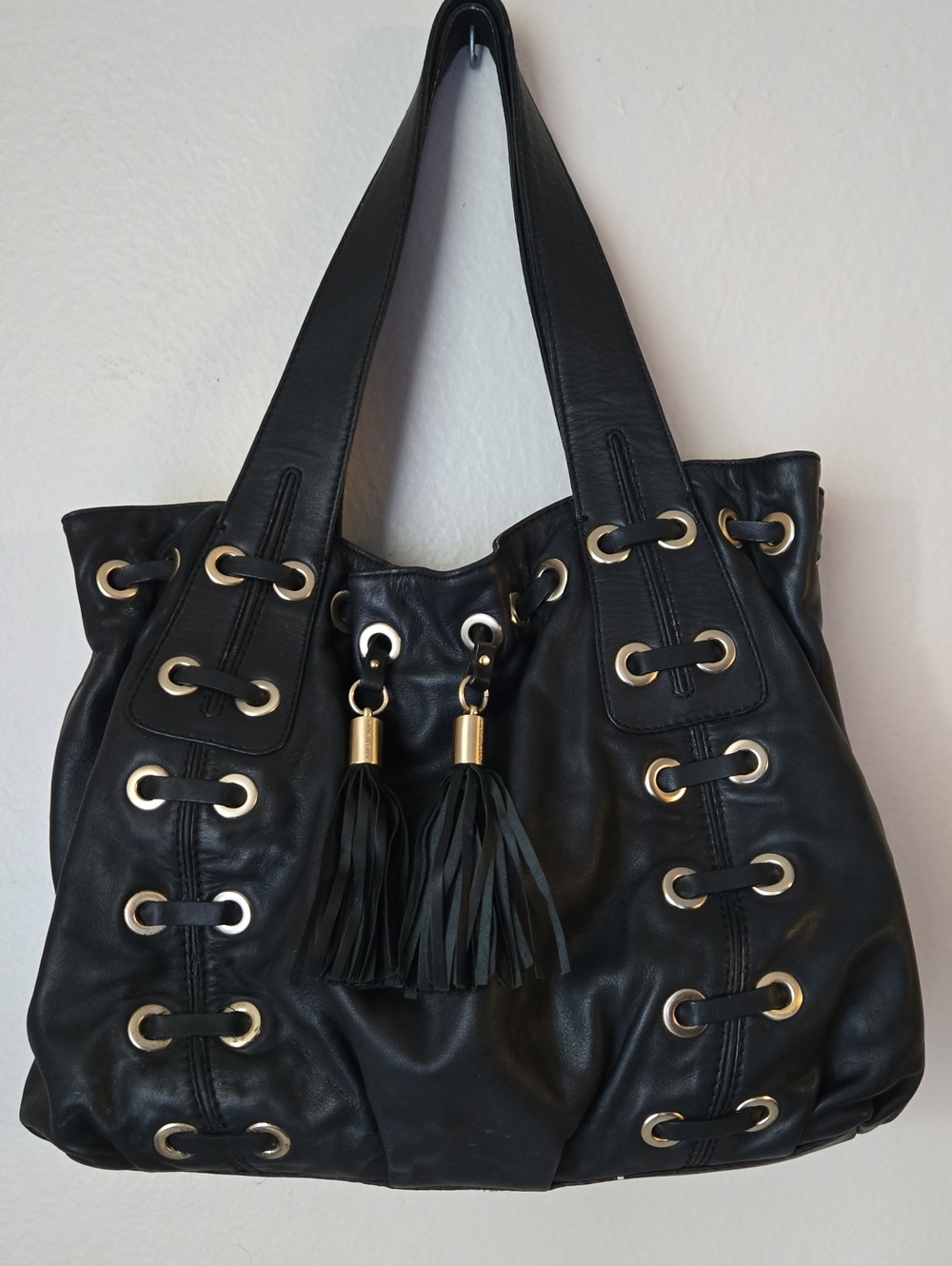 Michael Kors Astor Grommet Tassel Large Black Leather Shoulder Bag